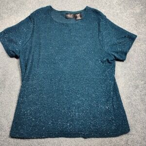 Kathie Lee Women Teal‎ Blue Metallic Knit Blouse 18W/20W Plus Size Shimmer